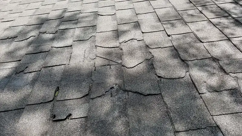 Section of roof with lifted, cracked and missing asphalt shingles